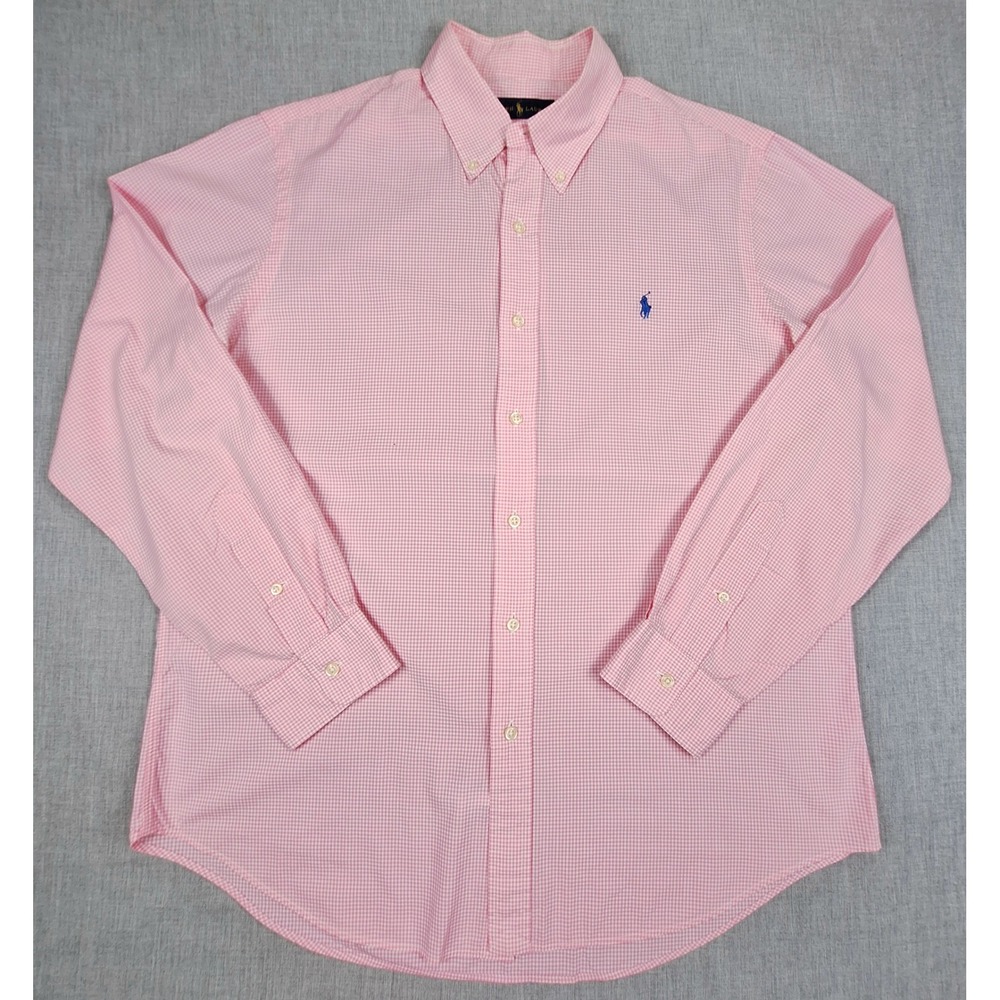 Ralph Lauren Mens Gingham Button Down Shirt Pink White Long Sleeve Size L